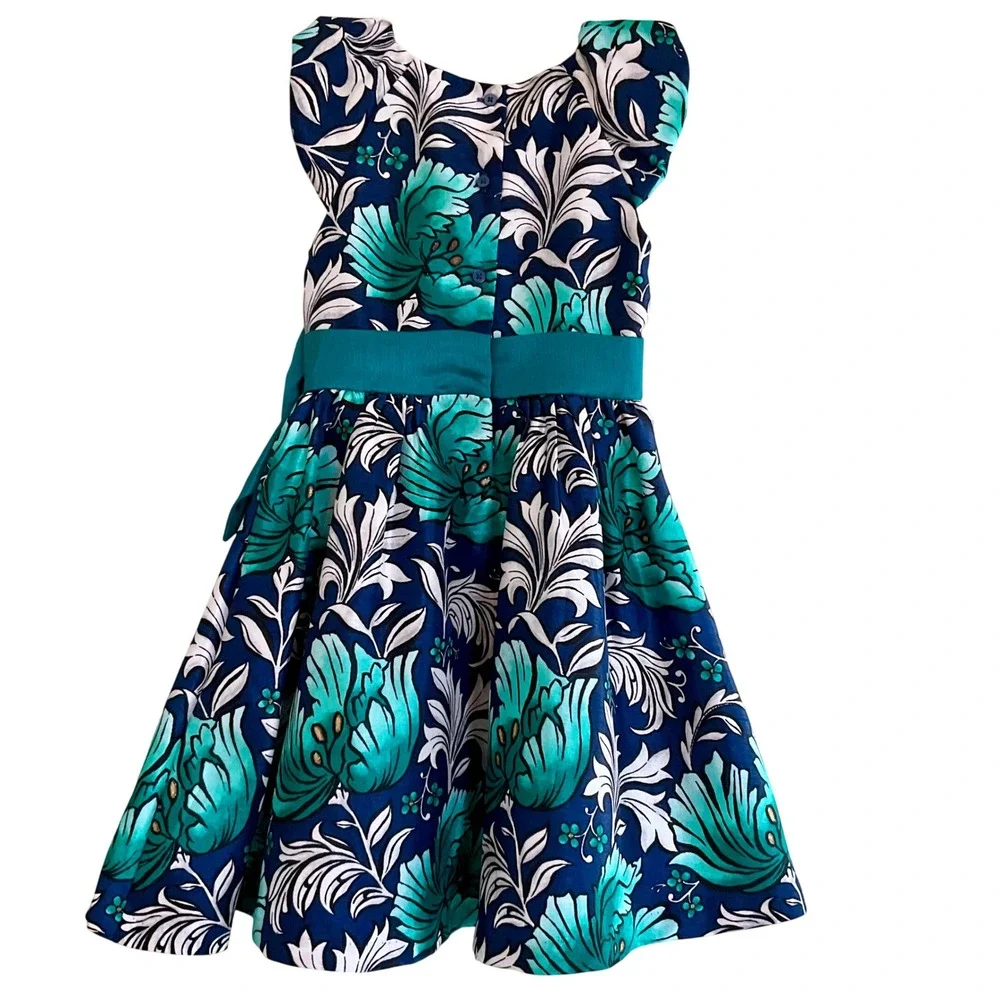 Gymboree‎ Dressed Up Girls Teal Navy Floral Glitter Party Dress Bow Size 6 Fancy
